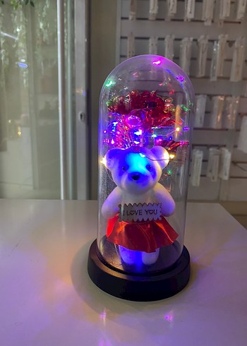 Renkli Işıklı Ayıcık ve Gül Dekorasyonulu cam fanus büyük boy - Görsel 2