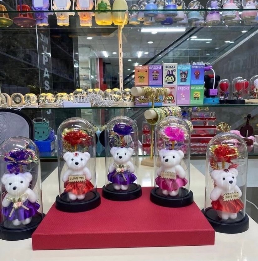 Renkli Işıklı Ayıcık ve Gül Dekorasyonulu cam fanus büyük boy - Görsel 3