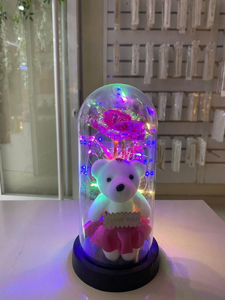 Renkli Işıklı Ayıcık ve Gül Dekorasyonulu cam fanus büyük boy - Görsel 2