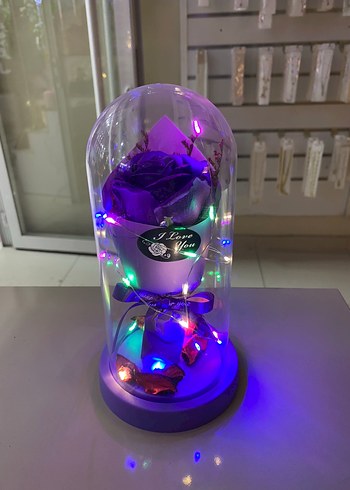 Mor renkli cam fanus içinde gül buketi büyük boy - Görsel 2