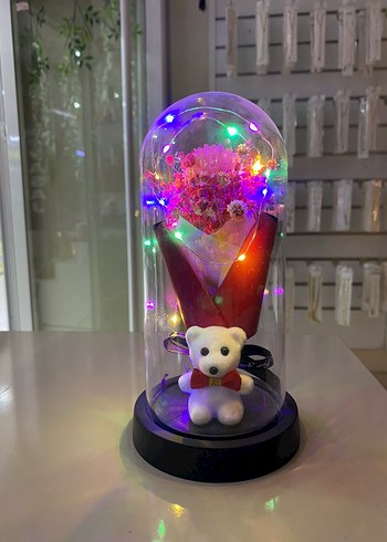 Çiçek buketli minik ayıcıklı cam fanus büyük boy - Görsel 2