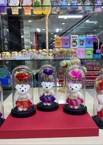 Renkli Işıklı Ayıcık ve Gül Dekorasyonulu cam fanus büyük boy - Görsel 3