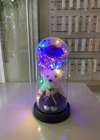 Renkli Işıklı Ayıcık ve Gül Dekorasyonulu cam fanus büyük boy - Görsel 2