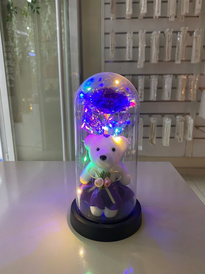 Renkli Işıklı Ayıcık ve Gül Dekorasyonulu cam fanus büyük boy - Görsel 2