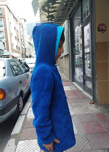 Kapüşonlu Mavi Erkek Örgü Hırka - Görsel 4