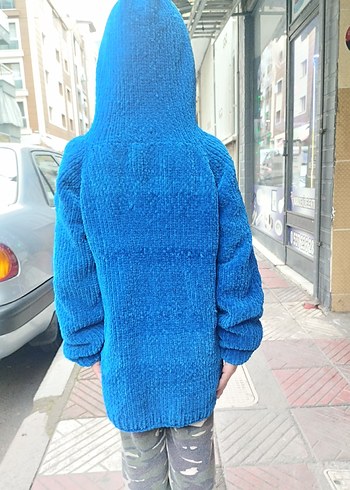 Kapüşonlu Mavi Erkek Örgü Hırka - Görsel 2