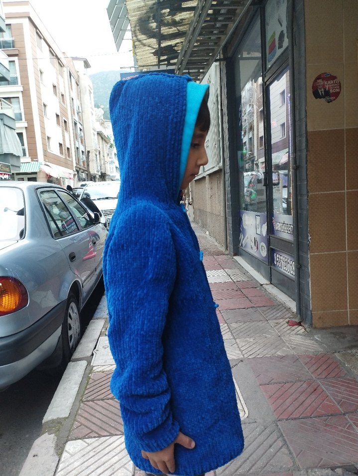 Kapüşonlu Mavi Erkek Örgü Hırka - Görsel 4