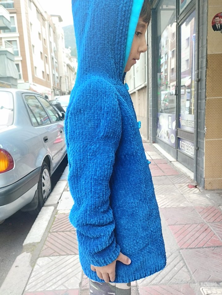 Kapüşonlu Mavi Erkek Örgü Hırka - Görsel 3