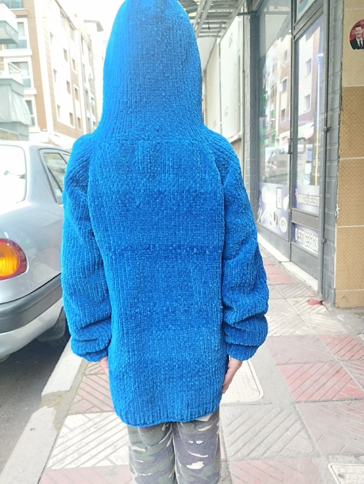Kapüşonlu Mavi Erkek Örgü Hırka - Görsel 2