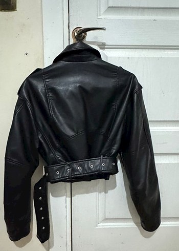 Siyah Deri Kadın Biker Ceket - Görsel 4