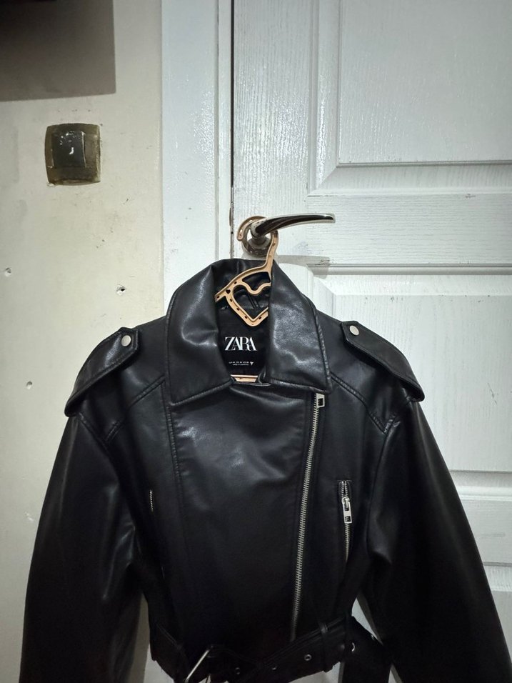 Siyah Deri Kadın Biker Ceket - Görsel 3