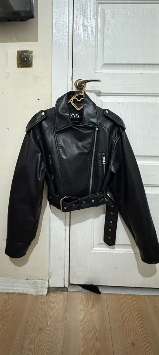 Siyah Deri Kadın Biker Ceket - Görsel 2