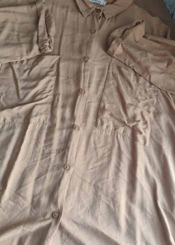 Bej Keten Kadın Gömlek Düğmeli Rahat Kesim - Görsel 2
