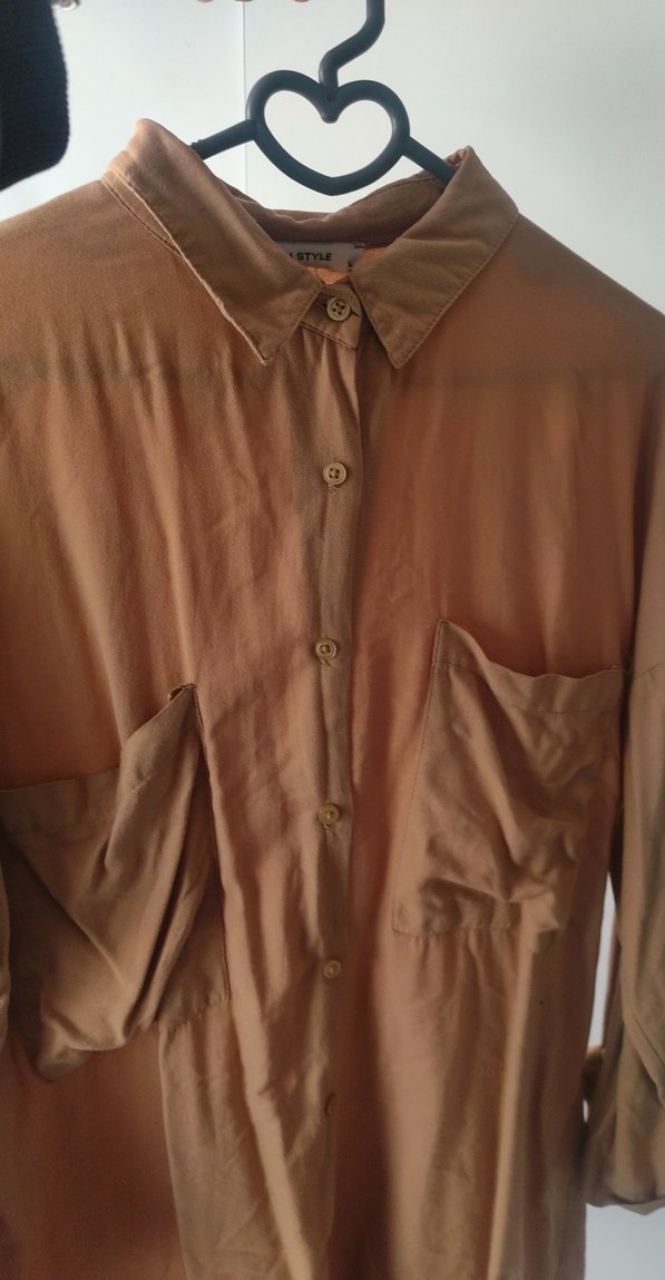 Bej Keten Kadın Gömlek Düğmeli Rahat Kesim - Görsel 5