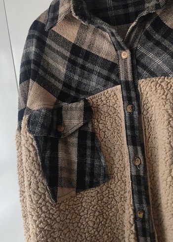 Düğmeli Uzun Kollu Kahverengi Kadın peluş Gömlek - Görsel 2