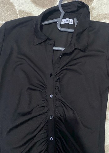 Düğmeli Siyah Uzun Kollu Mini Elbise - Görsel 2