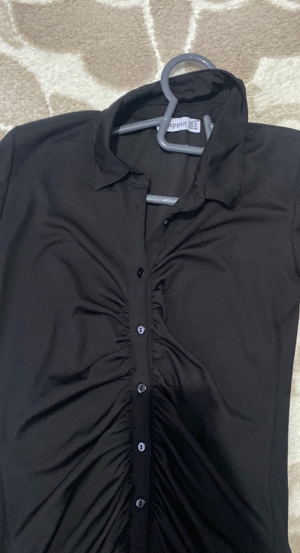 Düğmeli Siyah Uzun Kollu Mini Elbise - Görsel 2