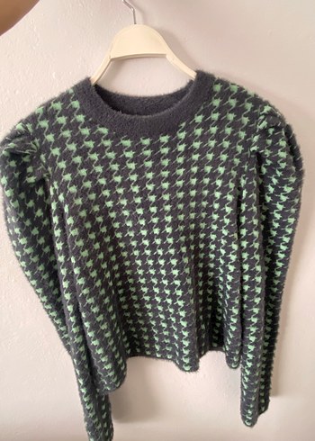 Kadın Yeşil Gri Kazak, Uzun Kollu, Örgü Desenli - Görsel 5