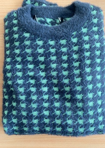 Kadın Yeşil Gri Kazak, Uzun Kollu, Örgü Desenli - Görsel 3