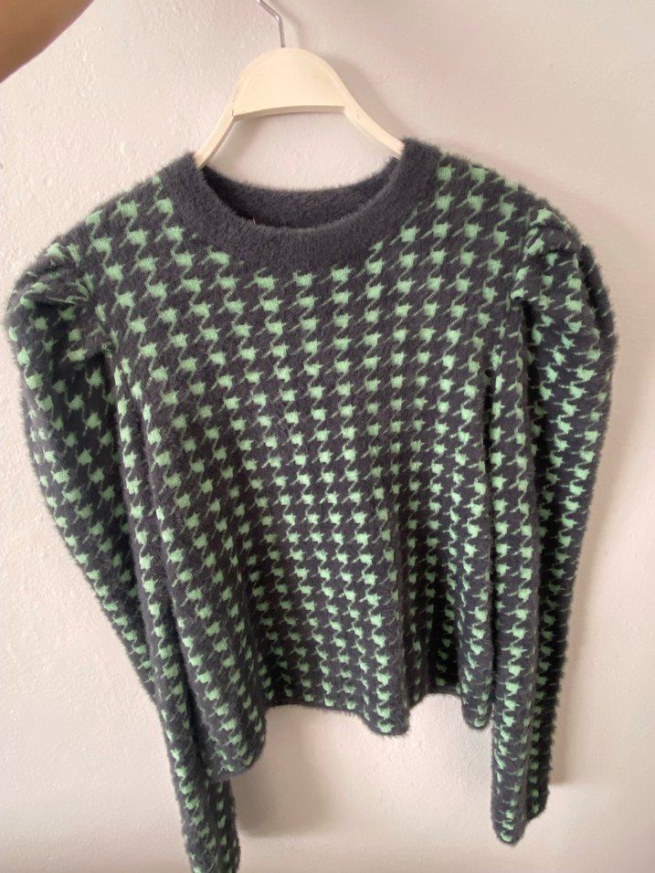 Kadın Yeşil Gri Kazak, Uzun Kollu, Örgü Desenli - Görsel 5