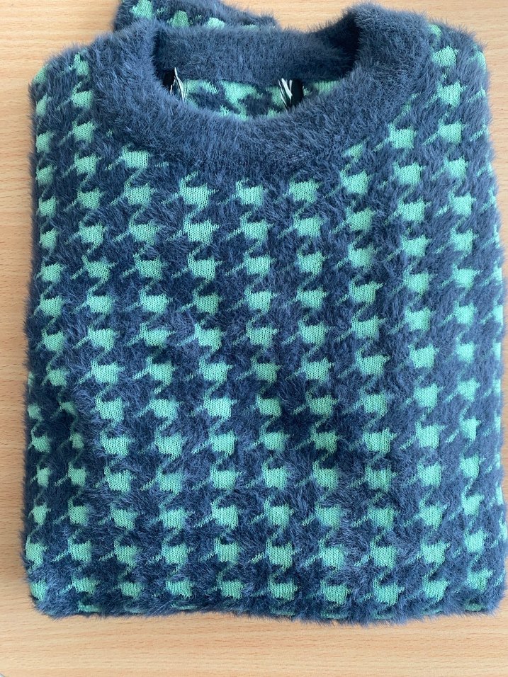 Kadın Yeşil Gri Kazak, Uzun Kollu, Örgü Desenli - Görsel 3