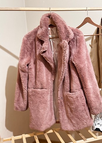 Pembe Midi Peluş Kadın Kaban - Görsel 2