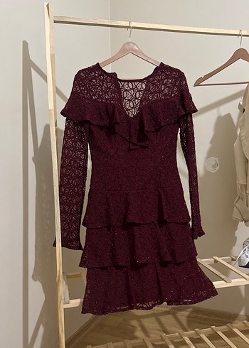 Bordo Dantel Midi Elbise V Yaka Uzun Kollu - Görsel 2