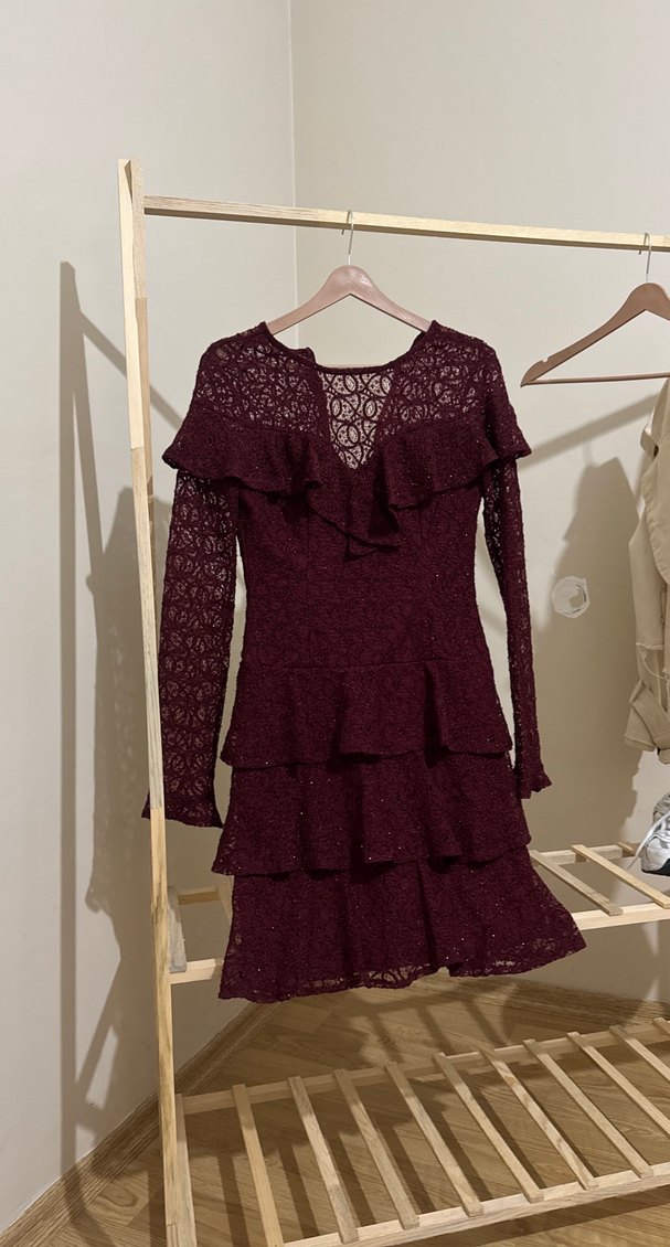 Bordo Dantel Midi Elbise V Yaka Uzun Kollu - Görsel 2