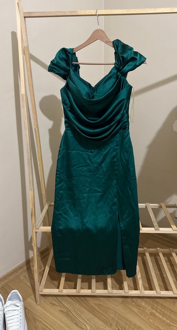 Parlak Turkuaz Drapeli Uzun Abiye Elbise - Görsel 2