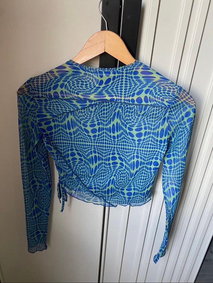 Mavi Bağlama Desenli Uzun Kollu Bluz - Görsel 3