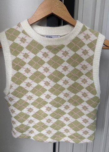 Beyaz Ekoseli Örgü Kadın Süveter - Görsel 2