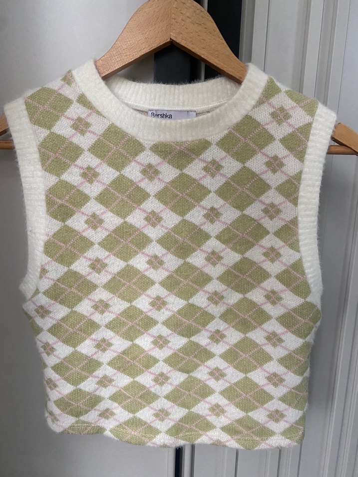 Beyaz Ekoseli Örgü Kadın Süveter - Görsel 2