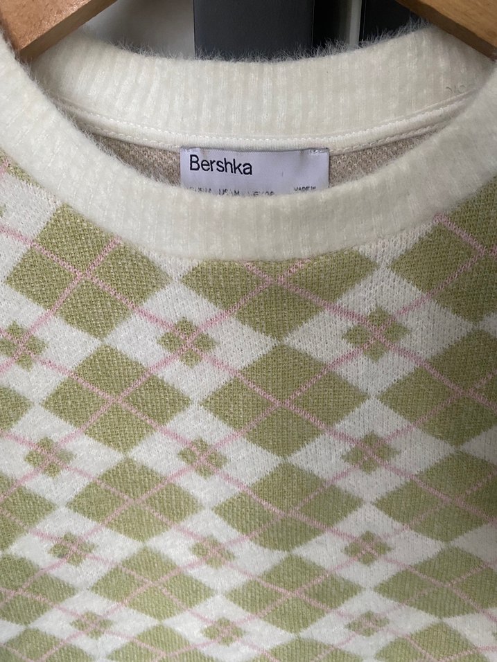 Beyaz Ekoseli Örgü Kadın Süveter - Görsel 3