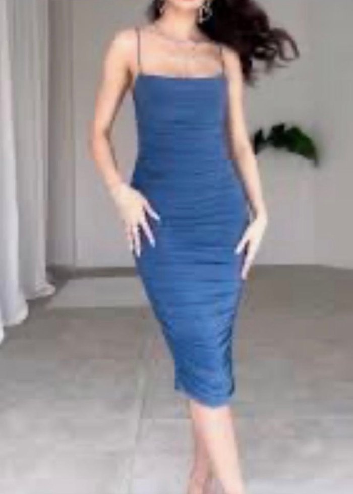 Drapeli Uzun Askılı Kadın Elbise - Görsel 2