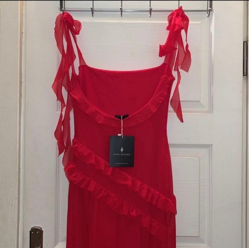 Kırmızı askılı Fırfırlı Abiye Elbise - Görsel 3