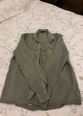 Düğmeli Viskon Gömlek Kadın Haki - Görsel 2