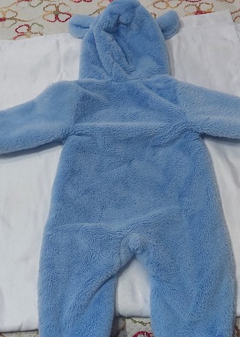 Mavi Peluş Bebek Tulumu Kapüşonlu - Görsel 2