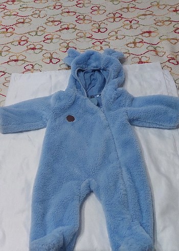Mavi Peluş Bebek Tulumu Kapüşonlu - Görsel 4
