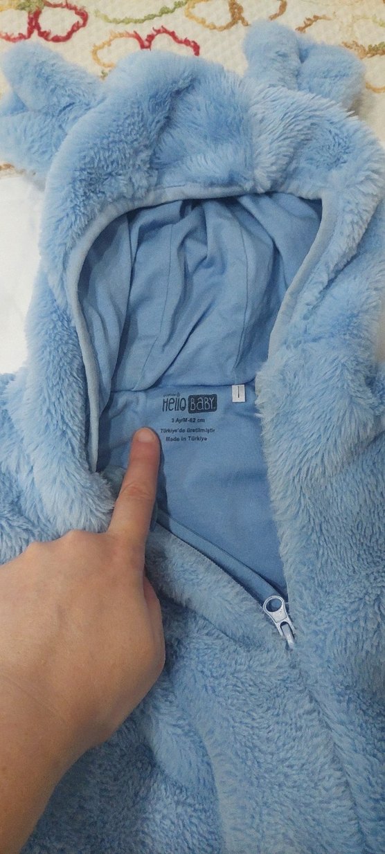 Mavi Peluş Bebek Tulumu Kapüşonlu - Görsel 3