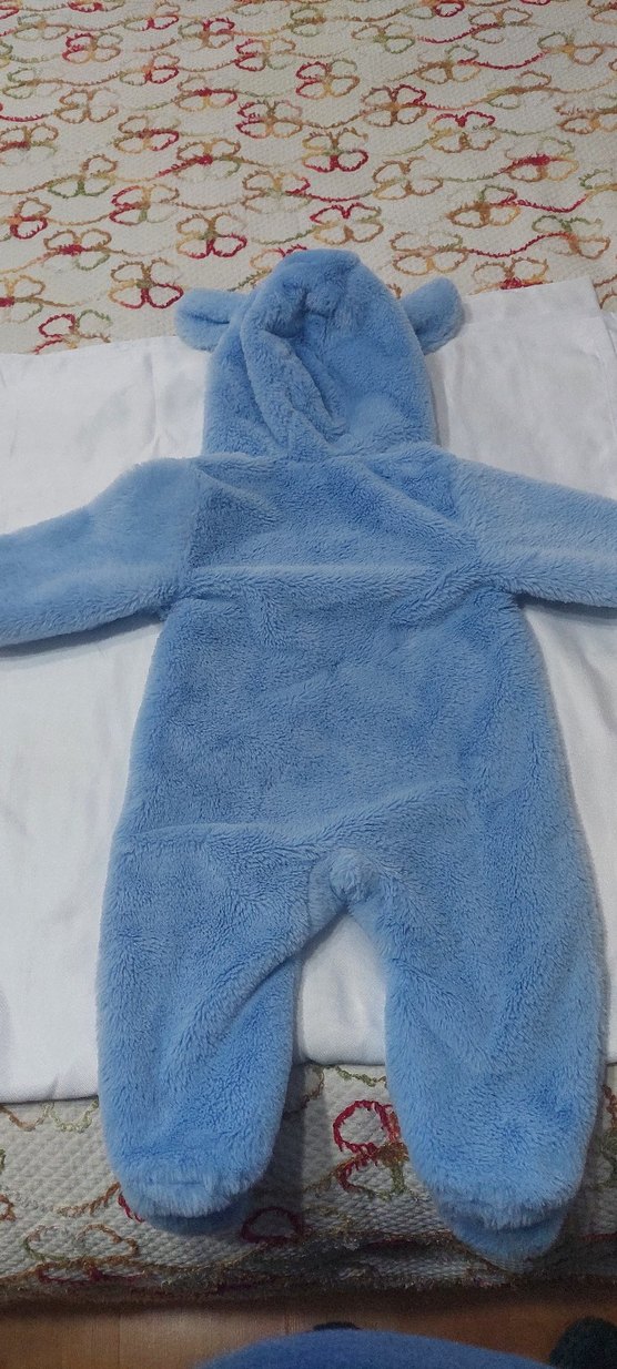 Mavi Peluş Bebek Tulumu Kapüşonlu - Görsel 2