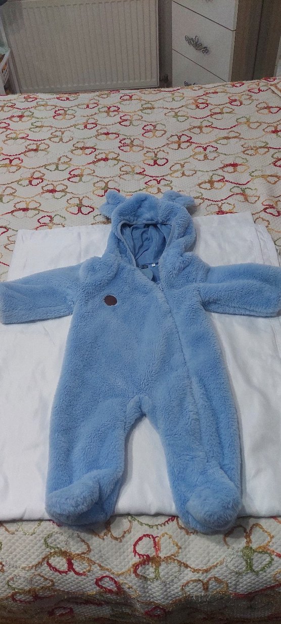 Mavi Peluş Bebek Tulumu Kapüşonlu - Görsel 4