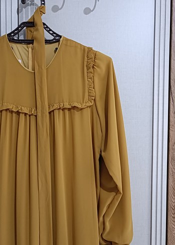 Yağ yeşili V Yaka Volanlı Şifon Elbise - Görsel 3