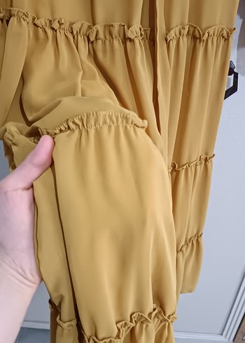 Yağ yeşili V Yaka Volanlı Şifon Elbise - Görsel 4