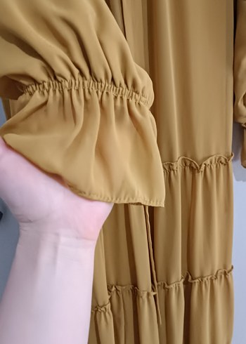 Yağ yeşili V Yaka Volanlı Şifon Elbise - Görsel 6