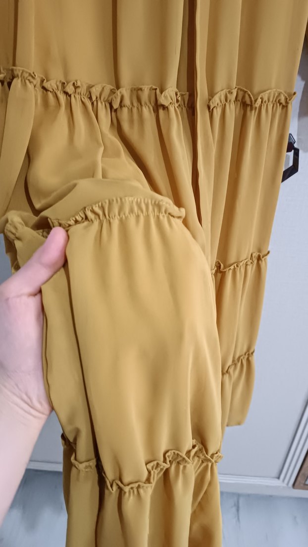 Yağ yeşili V Yaka Volanlı Şifon Elbise - Görsel 4