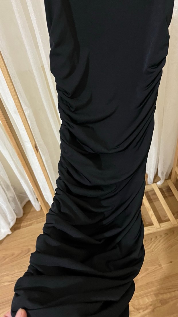 Siyah İnce Askılı Uzun Drapeli Abiye Elbise - Görsel 2