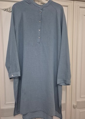 Düğmeli Uzun Mavi Keten Kadın Tunik - Görsel 2