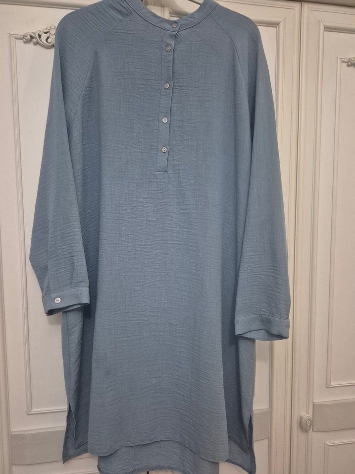 Düğmeli Uzun Mavi Keten Kadın Tunik - Görsel 2