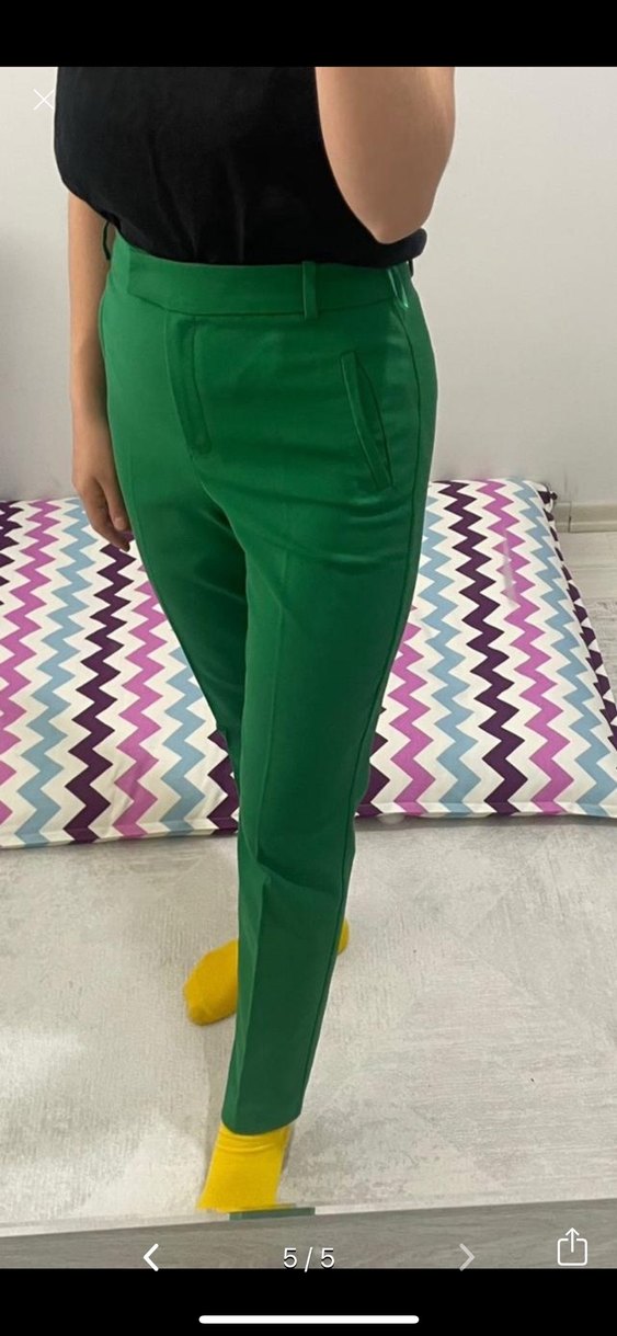 Kadın Yeşil Piliseli Kumaş Pantolon - Görsel 5