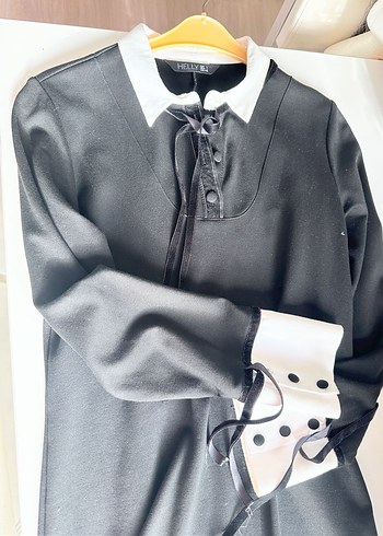 Düğmeli Siyah Elbise Gömlek Yaka - Görsel 3